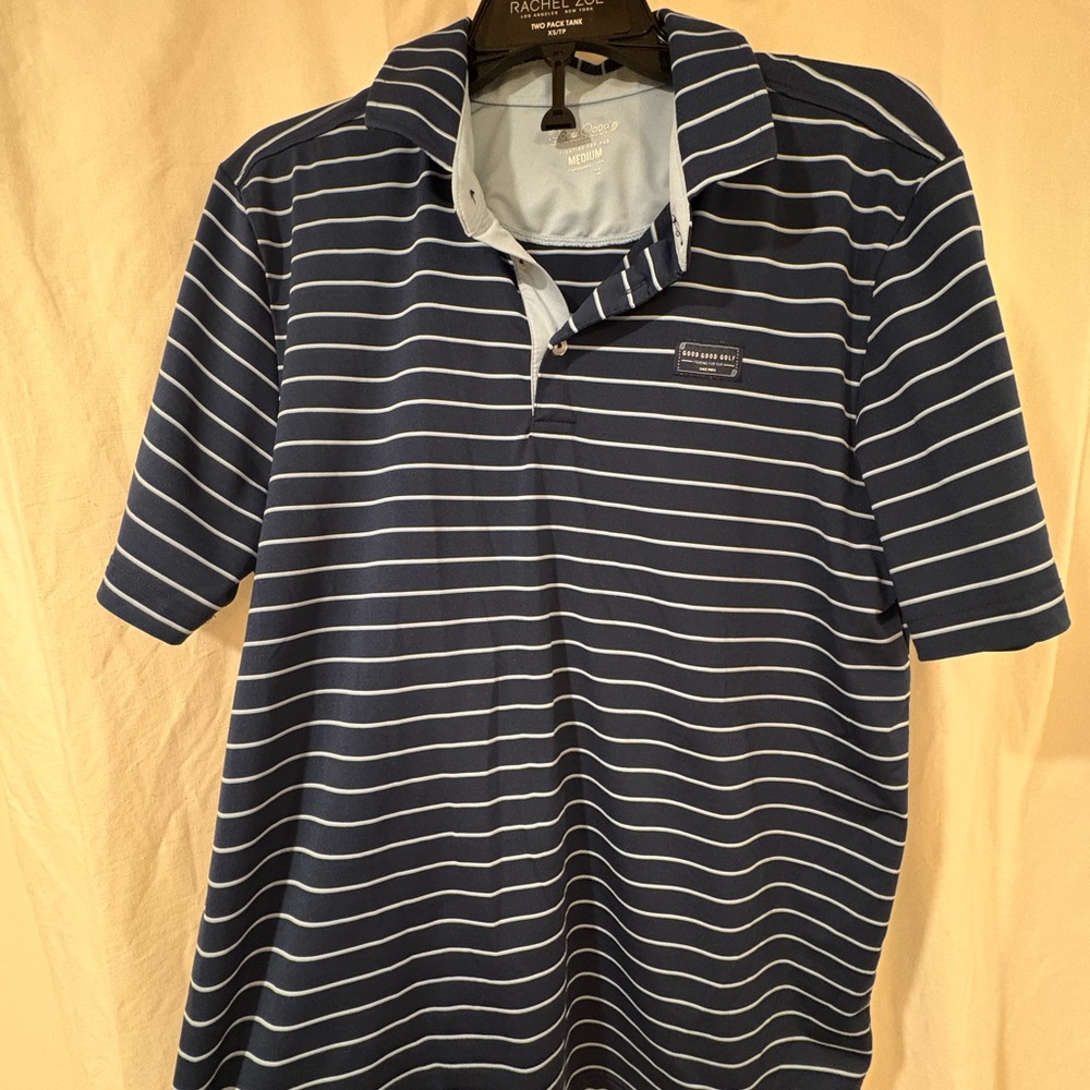 Blue and white stripe collar shirt. 
Good Good Golf